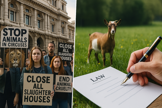 Split image showing animal rights protesters outside a UK courthouse on the left, and a goat standing in a field with a hand signing a legal document on the right.
