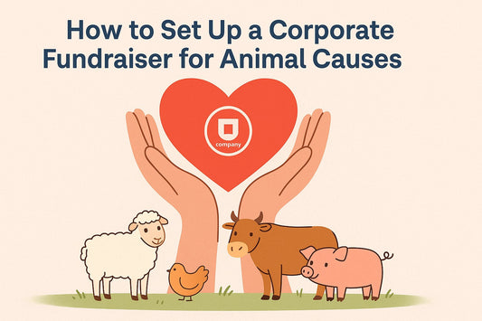 Illustration showing hands holding a heart with a corporate logo above farm animals, symbolizing ethical fundraising.