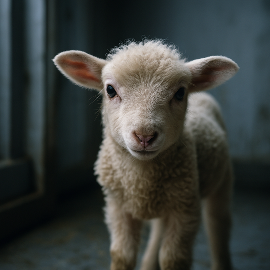 A young lamb stands alone in a dim, industrial setting resembling a slaughter environment, with soft light falling on its face and neutral space around it.