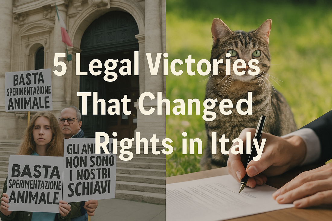 Split image: protesters holding signs for animal rights in front of an Italian courthouse on the left, and a goat in a meadow next to a legal document being signed on the right.