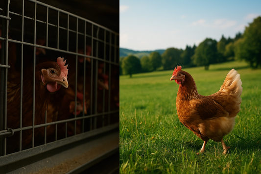 A split image showing a hen confined in a metal cage on the left and a free hen standing in a green meadow on the right, symbolizing captivity vs freedom.
