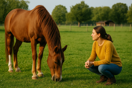 A chestnut horse grazes peacefully in a sunny pasture as a woman watches gently nearby, symbolizing connection and care.