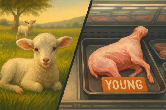 A digital image split in two: a lamb resting in a field on one side, a raw lamb carcass in a supermarket tray labeled “YOUNG” on the other.
