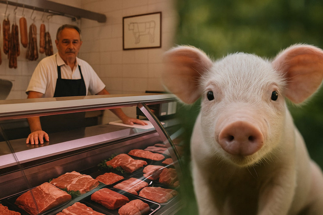 A composite image showing a traditional butcher shop on the left and a lamb looking into the camera on the right, highlighting the emotional disconnect.