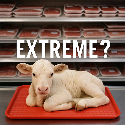 A young calf lies on a red meat tray in a supermarket aisle, surrounded by packaged meat. The word “EXTREME?” is boldly overlaid above.